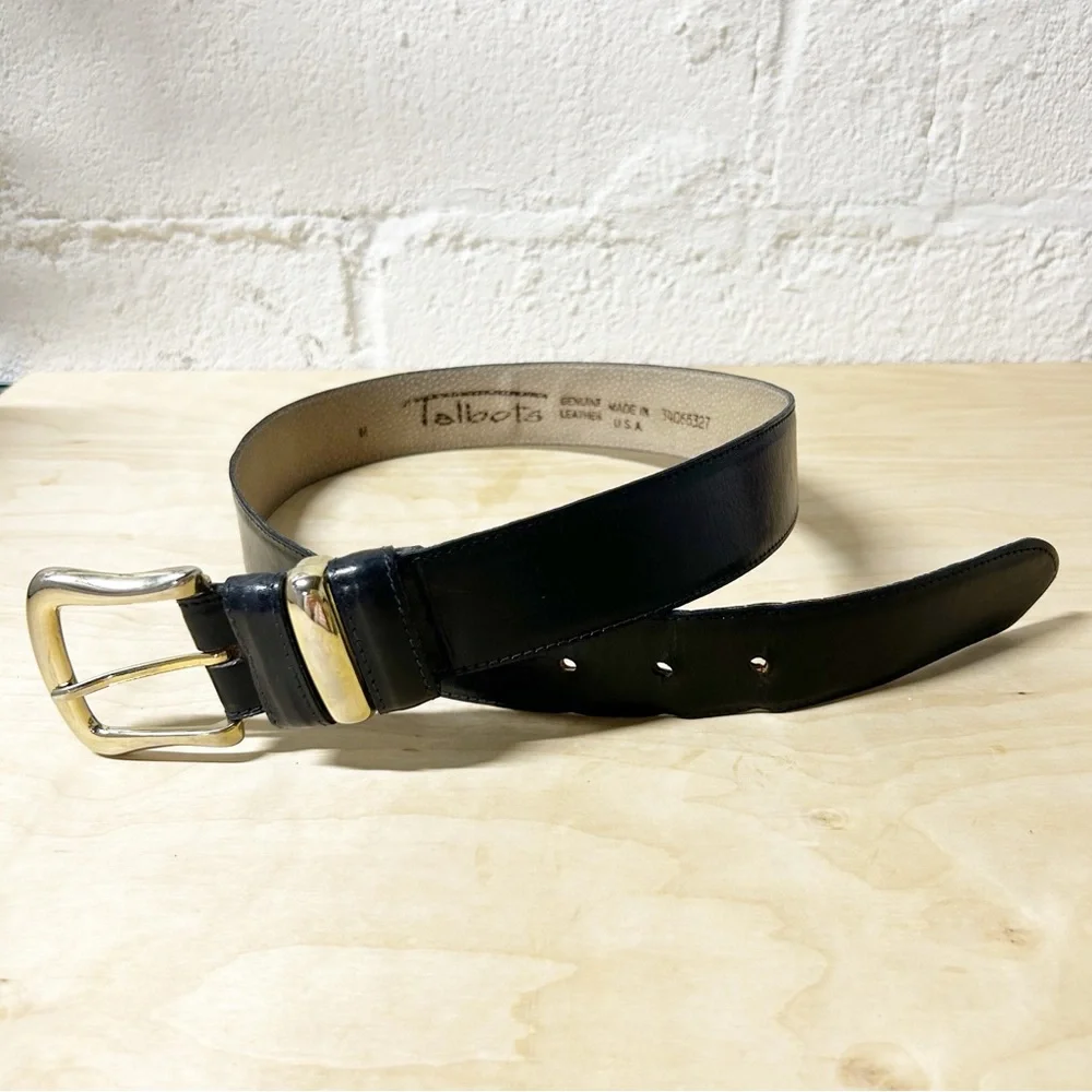 VTG Talbots Black Genuine Leather Belt with Gold Buckle Sz M